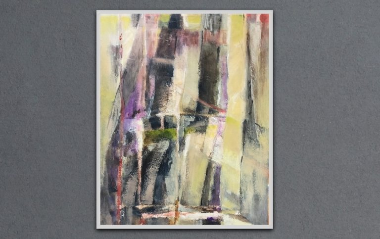 Strips of fabric, a bold painting on cardboard with frrame by Artangeel